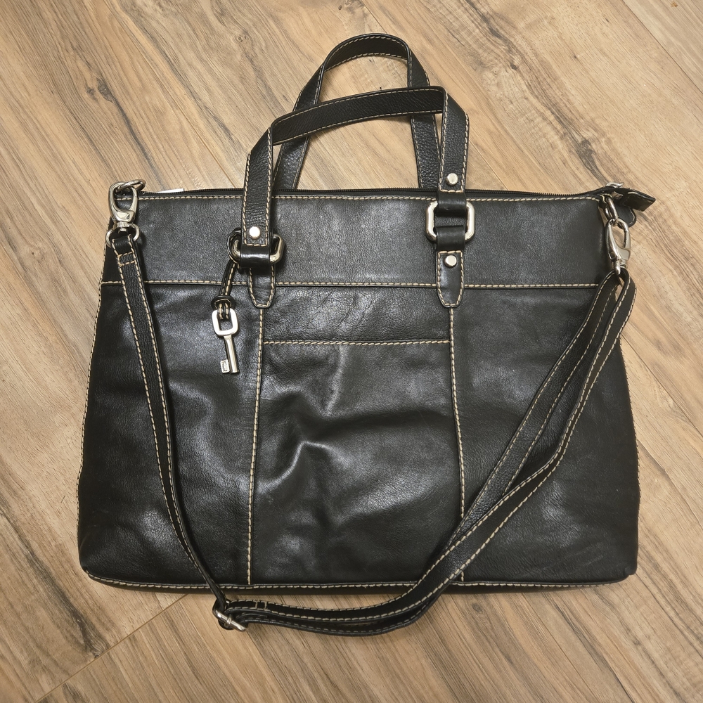 Fossil Black Pebbled Leather Laptop Bag With Cross Body Strap - Picture 2 of 7